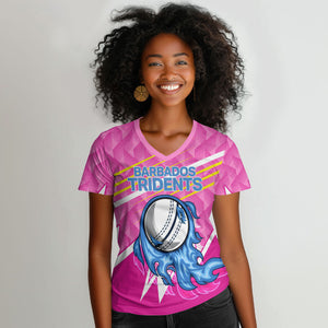 Personalized Barbados Cricket Tridents Women V-Neck T-Shirt Graphic Geometric Dynamic Sports Mascot