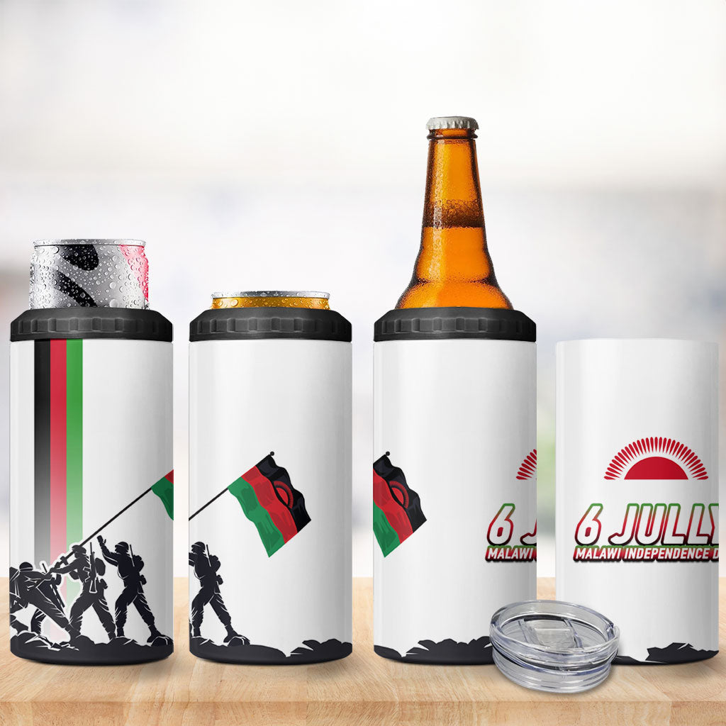 Malawi Independence Day 4 in 1 Can Cooler Tumbler Patriotic Flag Design Soldier Silhouette