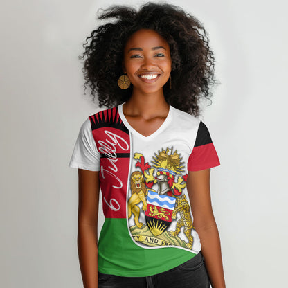 Malawi Independence Day 6 July Women V-Neck T-Shirt Malawian Coat Of Arms Flag Ribbon