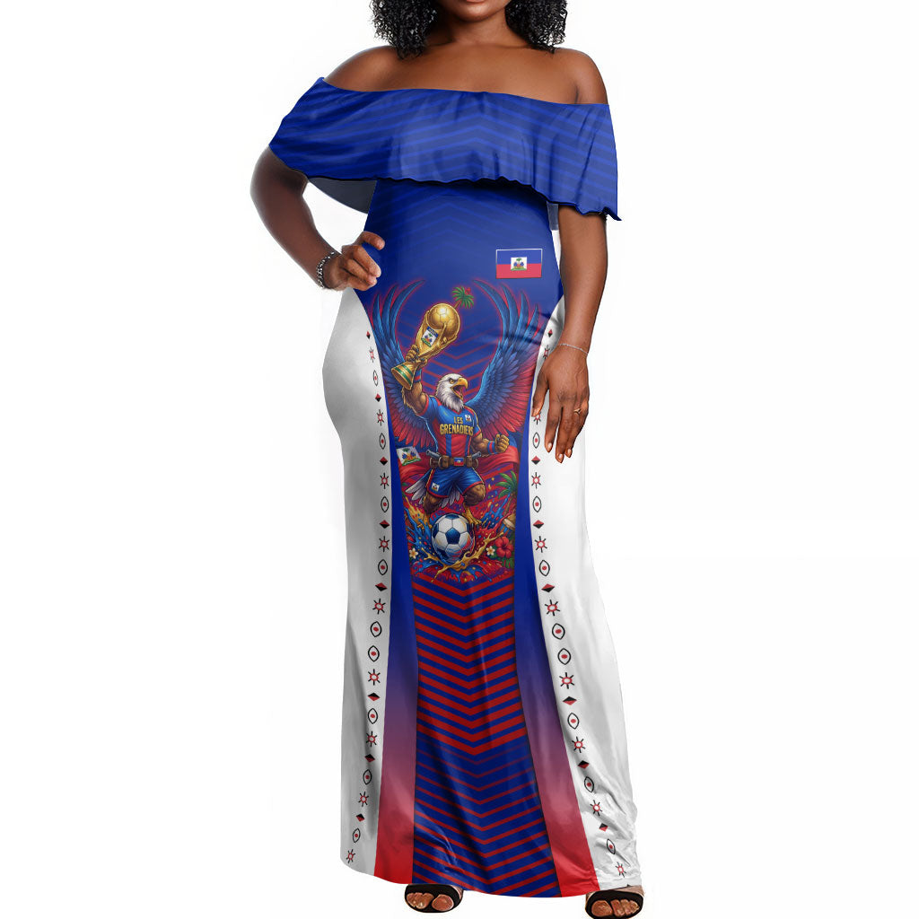 Personalized Haiti Football Eagle Champions Off Shoulder Maxi Dress Les Grenadiers Soccer Trophy 2026 Heritage Flag
