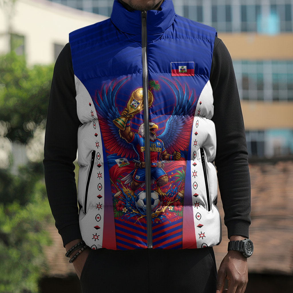 Personalized Haiti Football Eagle Champions Sleeveless Puffer Jacket Les Grenadiers Soccer Trophy 2026 Heritage Flag