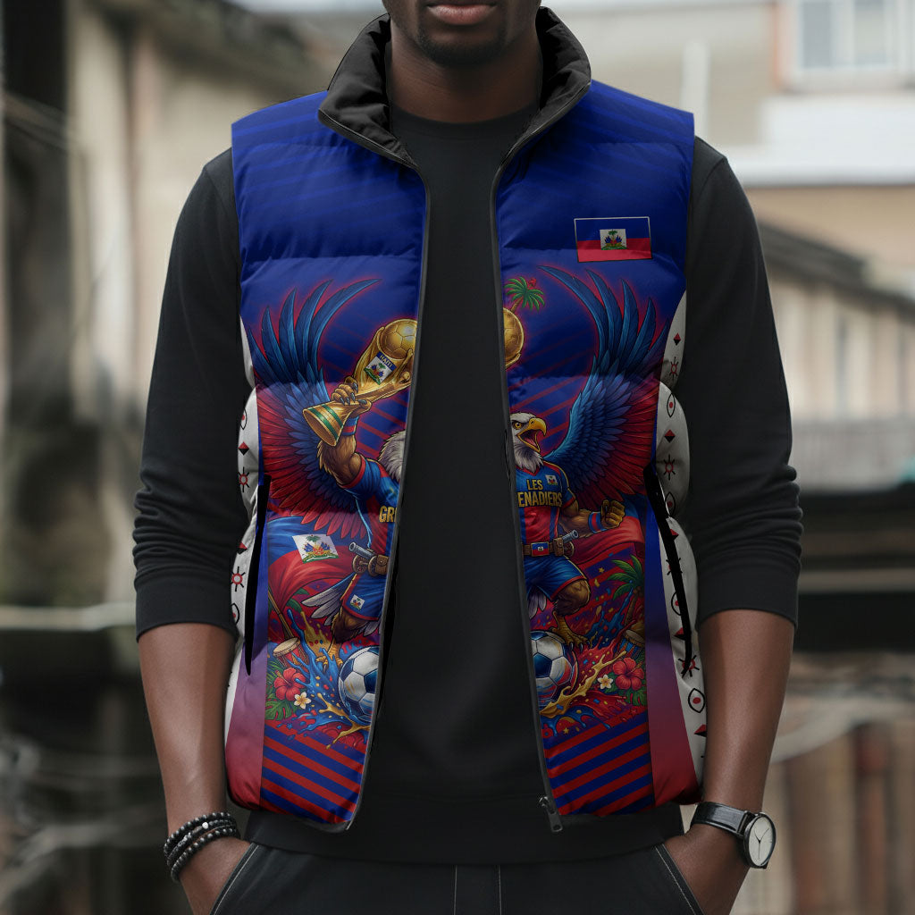 Personalized Haiti Football Eagle Champions Sleeveless Puffer Jacket Les Grenadiers Soccer Trophy 2026 Heritage Flag