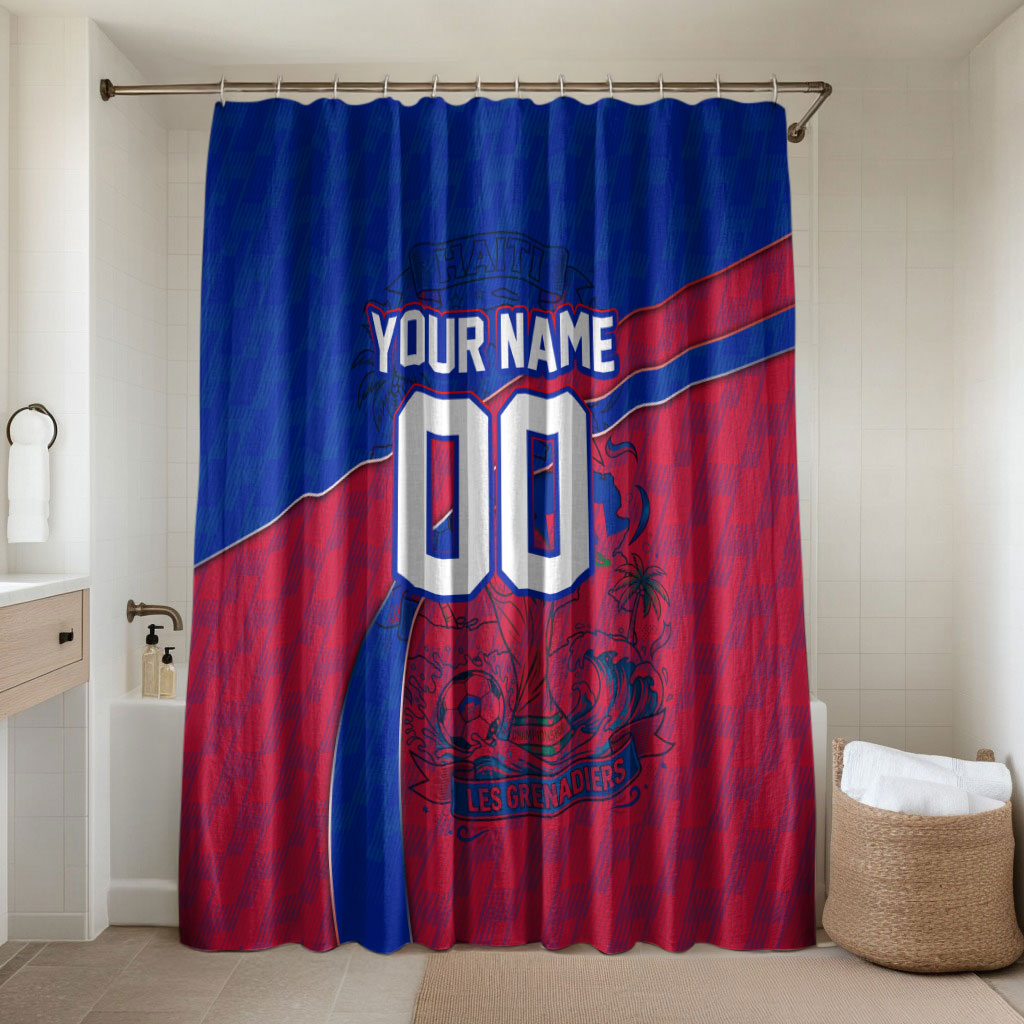 Personalized Haiti Soccer Les Grenadiers Bathroom Set Championship Football 2026 Trophy Haitian Flag Map