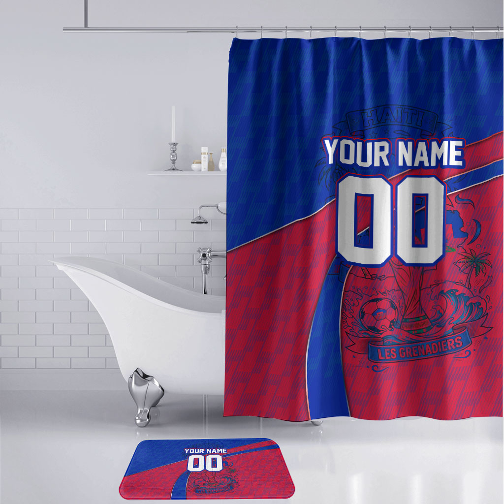 Personalized Haiti Soccer Les Grenadiers Bathroom Set Championship Football 2026 Trophy Haitian Flag Map