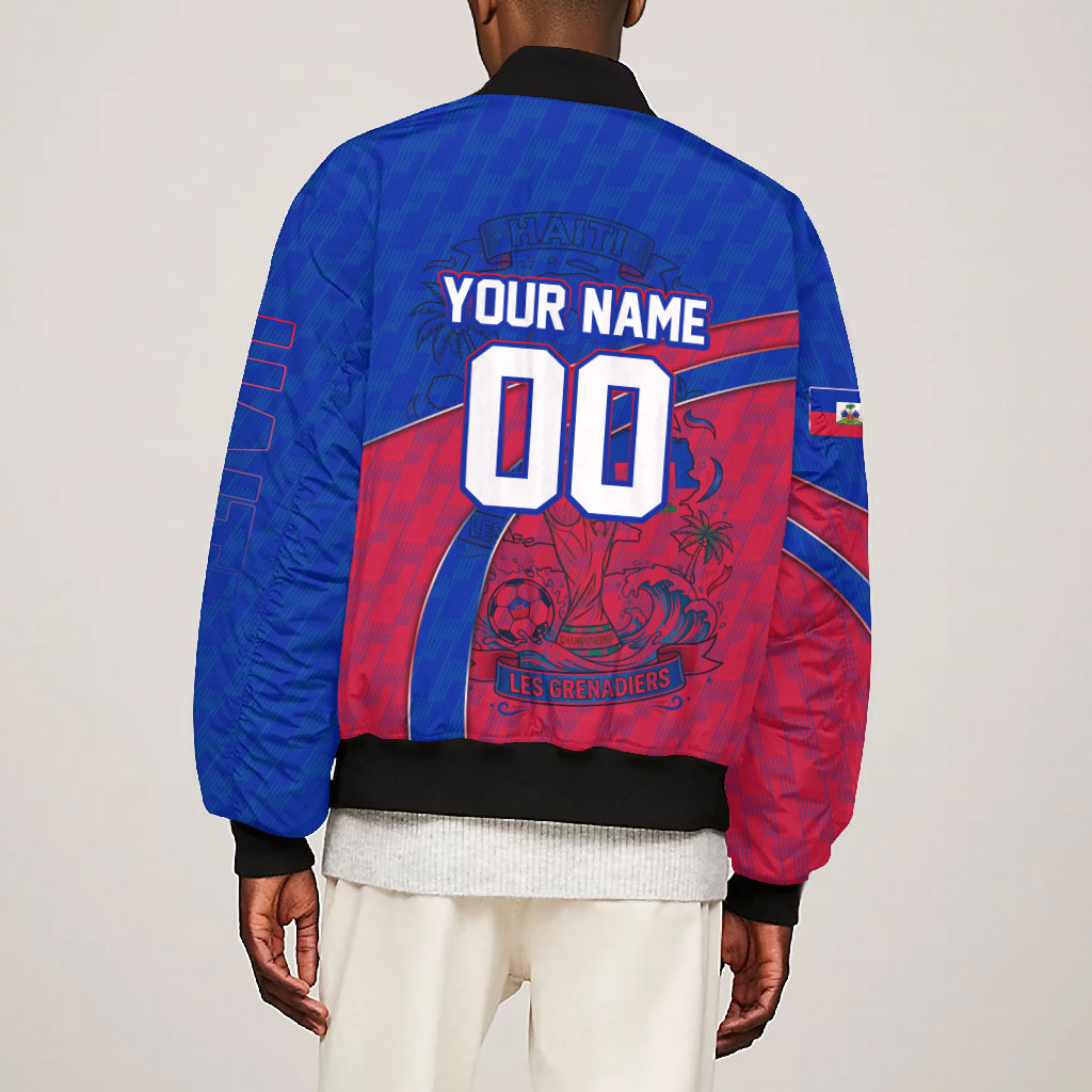 Personalized Haiti Soccer Les Grenadiers Bomber Jacket Championship Football 2026 Trophy Haitian Flag Map