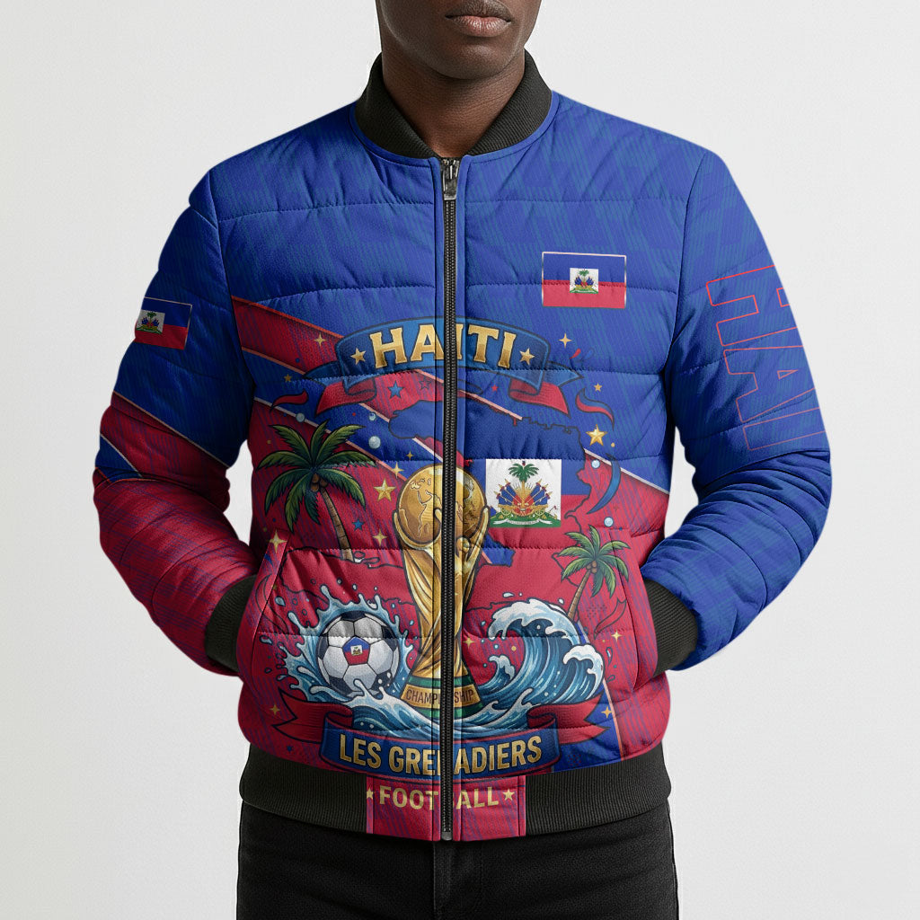 Personalized Haiti Soccer Les Grenadiers Bomber Puffer Jacket Championship Football 2026 Trophy Haitian Flag Map