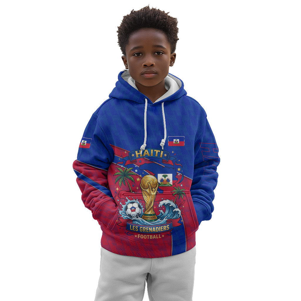 Personalized Haiti Soccer Les Grenadiers Kid Hoodie Championship Football 2026 Trophy Haitian Flag Map