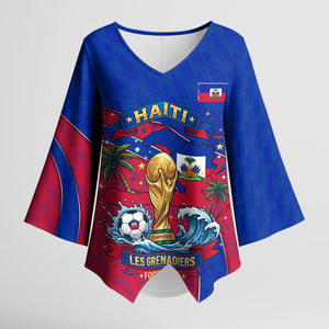 Personalized Haiti Soccer Les Grenadiers Kimono Sleeve Blouse Championship Football 2026 Trophy Haitian Flag Map