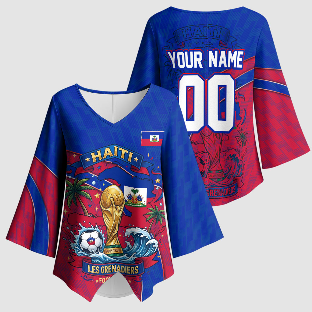 Personalized Haiti Soccer Les Grenadiers Kimono Sleeve Blouse Championship Football 2026 Trophy Haitian Flag Map