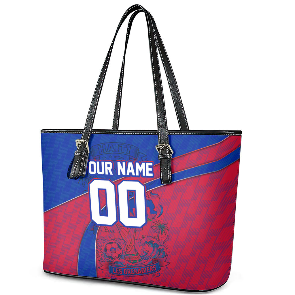 Personalized Haiti Soccer Les Grenadiers Leather Tote Bag Championship Football 2026 Trophy Haitian Flag Map