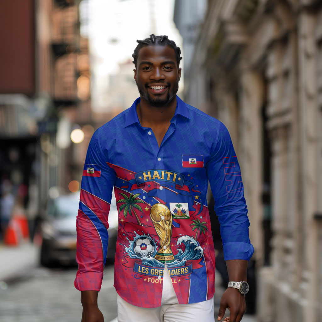 Personalized Haiti Soccer Les Grenadiers Long Sleeve Button Shirt Championship Football 2026 Trophy Haitian Flag Map