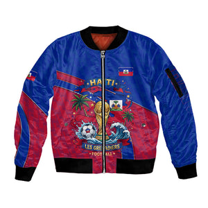 Personalized Haiti Soccer Les Grenadiers Sleeve Zip Bomber Jacket Championship Football 2026 Trophy Haitian Flag Map