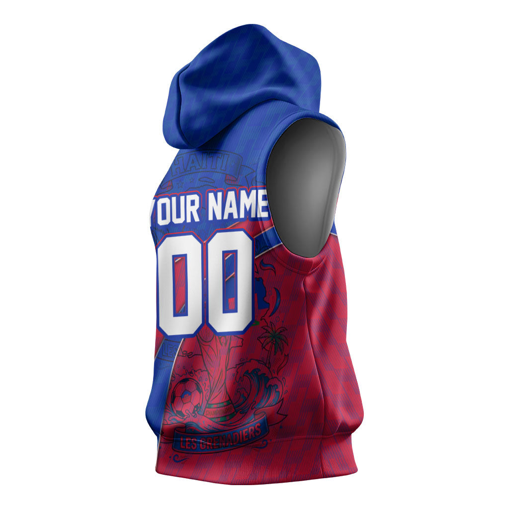 Personalized Haiti Soccer Les Grenadiers Sleeveless Hoodie Championship Football 2026 Trophy Haitian Flag Map