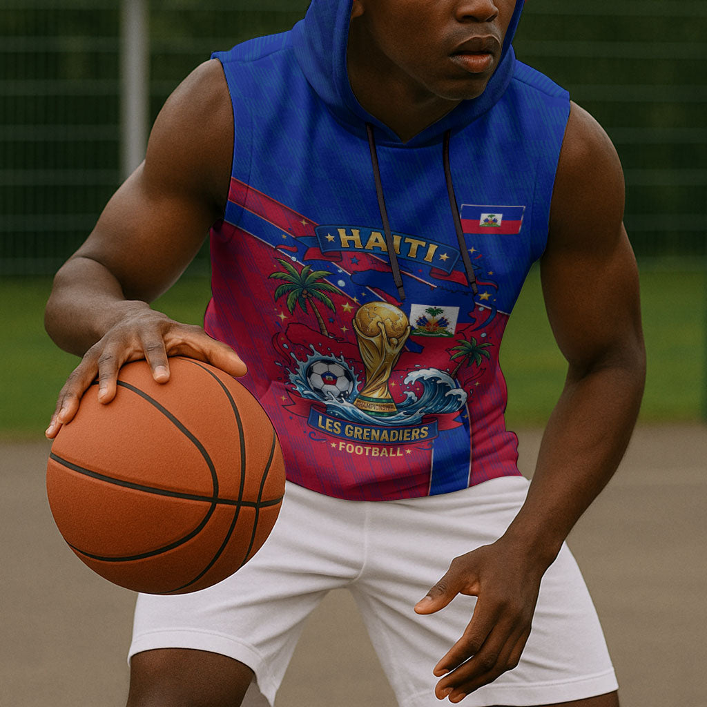 Personalized Haiti Soccer Les Grenadiers Sleeveless Hoodie Championship Football 2026 Trophy Haitian Flag Map