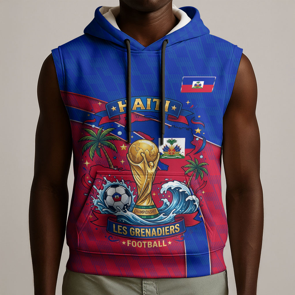 Personalized Haiti Soccer Les Grenadiers Sleeveless Hoodie Championship Football 2026 Trophy Haitian Flag Map