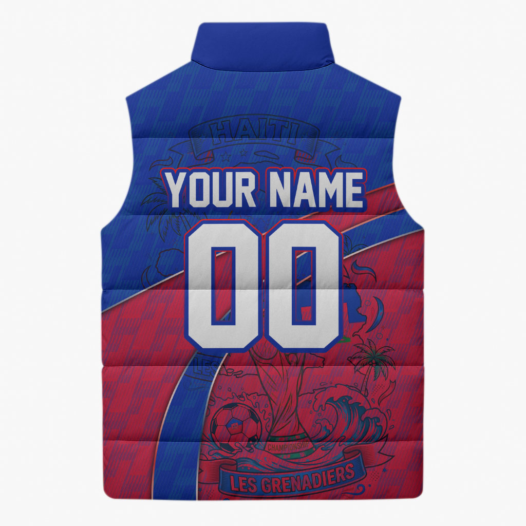Personalized Haiti Soccer Les Grenadiers Sleeveless Puffer Jacket Championship Football 2026 Trophy Haitian Flag Map