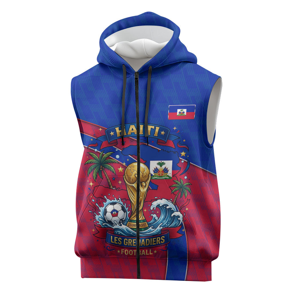 Personalized Haiti Soccer Les Grenadiers Sleeveless Zip Hoodie Championship Football 2026 Trophy Haitian Flag Map
