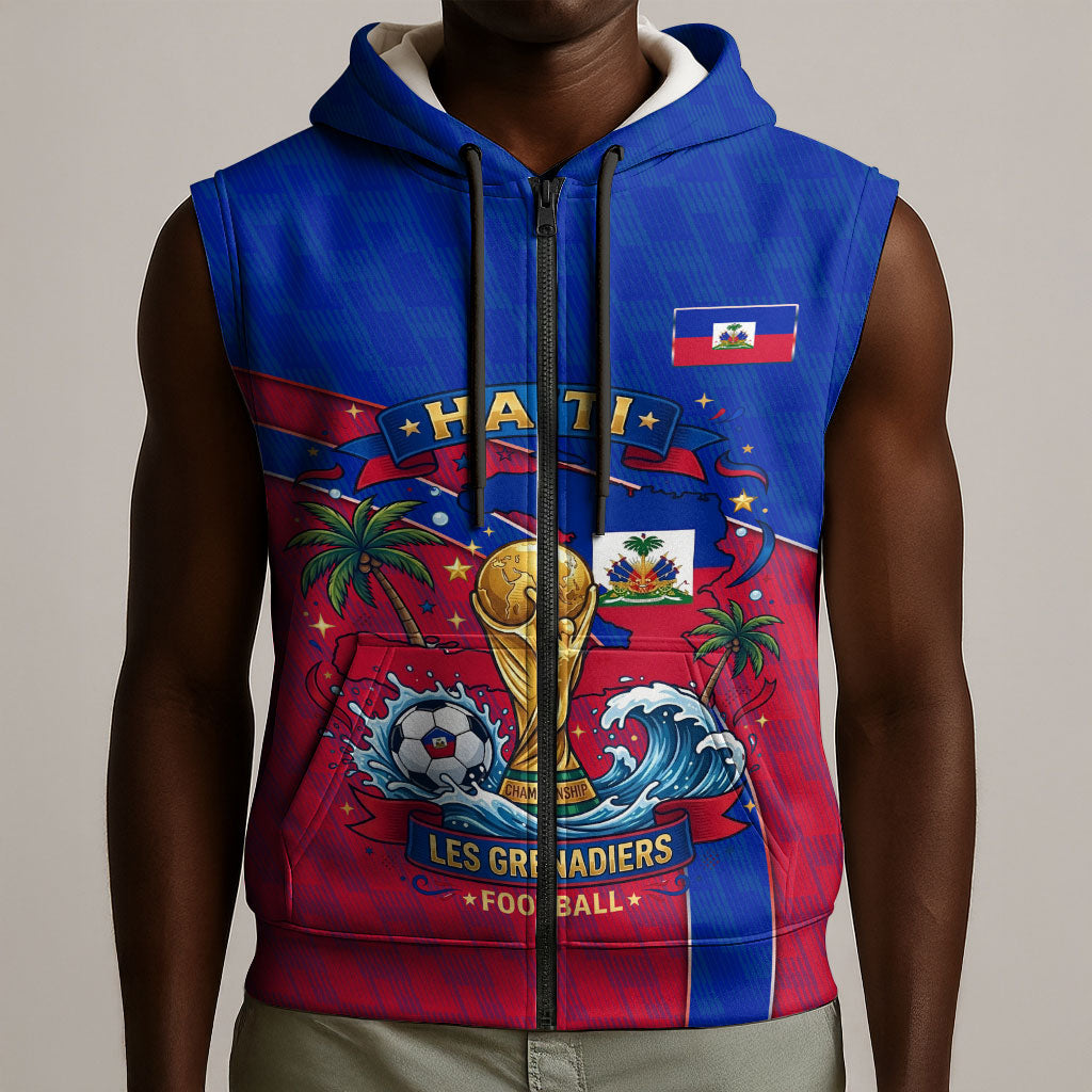 Personalized Haiti Soccer Les Grenadiers Sleeveless Zip Hoodie Championship Football 2026 Trophy Haitian Flag Map