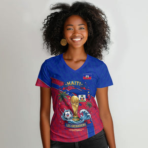 Personalized Haiti Soccer Les Grenadiers Women V-Neck T-Shirt Championship Football 2026 Trophy Haitian Flag Map