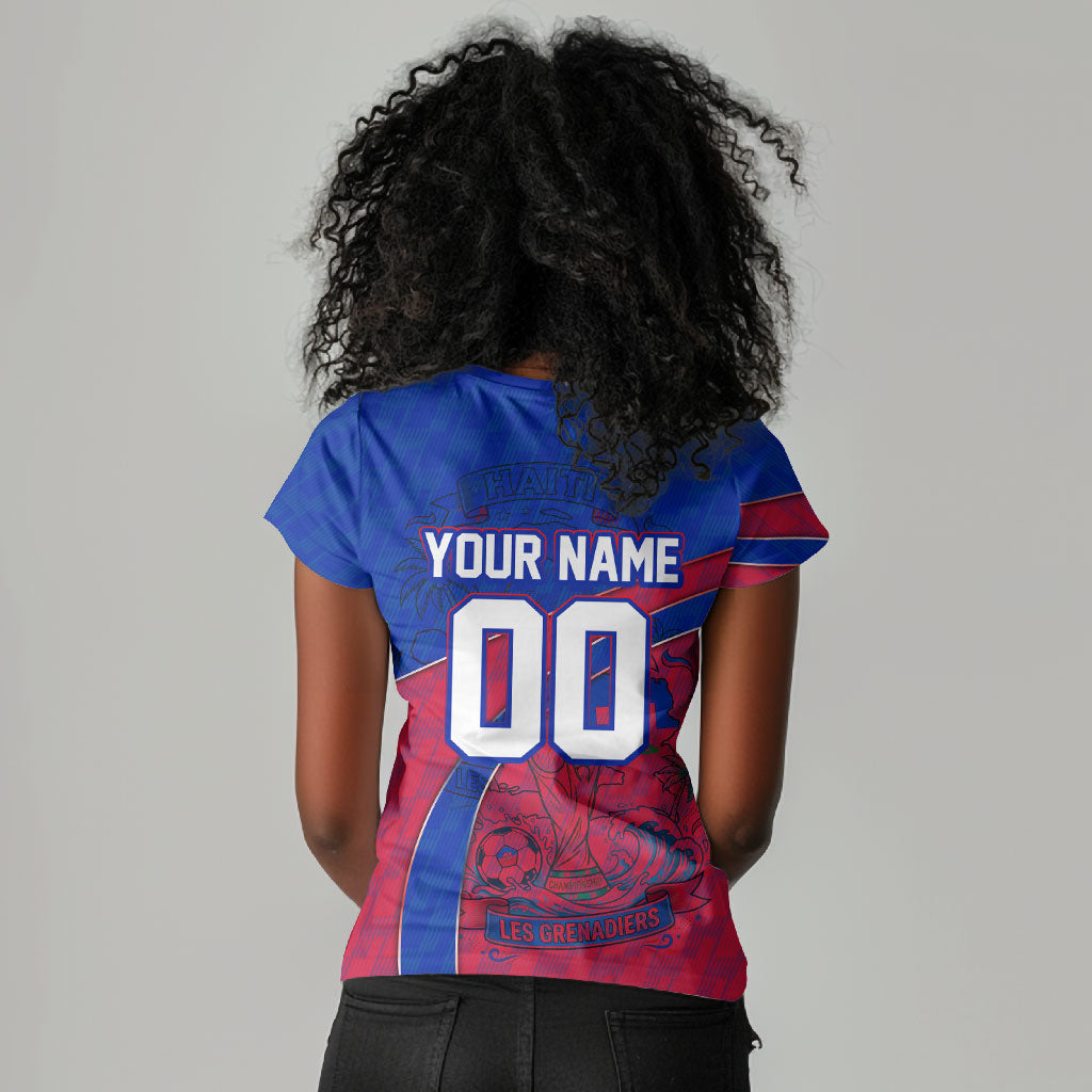 Personalized Haiti Soccer Les Grenadiers Women V-Neck T-Shirt Championship Football 2026 Trophy Haitian Flag Map