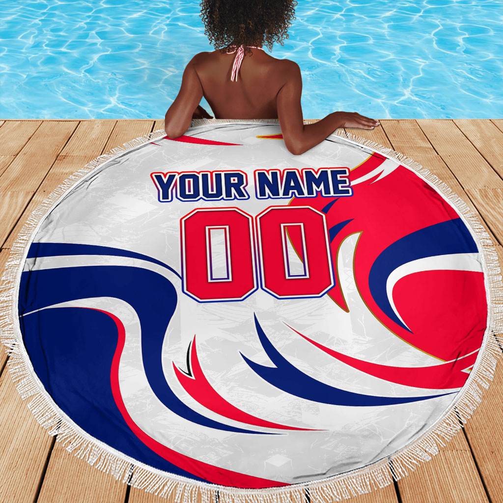Personalized Haiti Football Champions Beach Blanket Roaring Lion Soccer Mascot With Haiti Trophy Flag