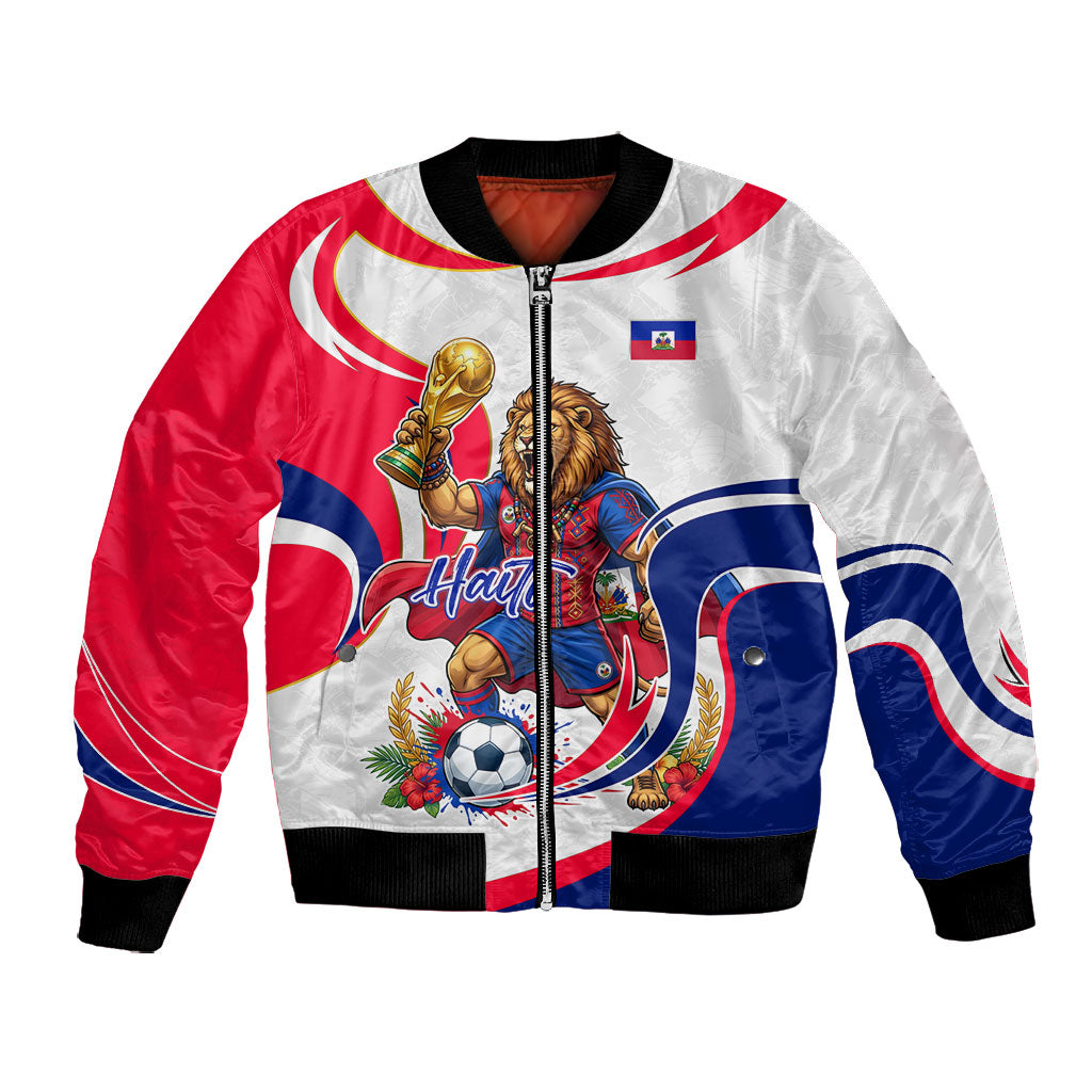 Personalized Haiti Football Champions Bomber Jacket Roaring Lion Soccer Mascot With Haiti Trophy Flag