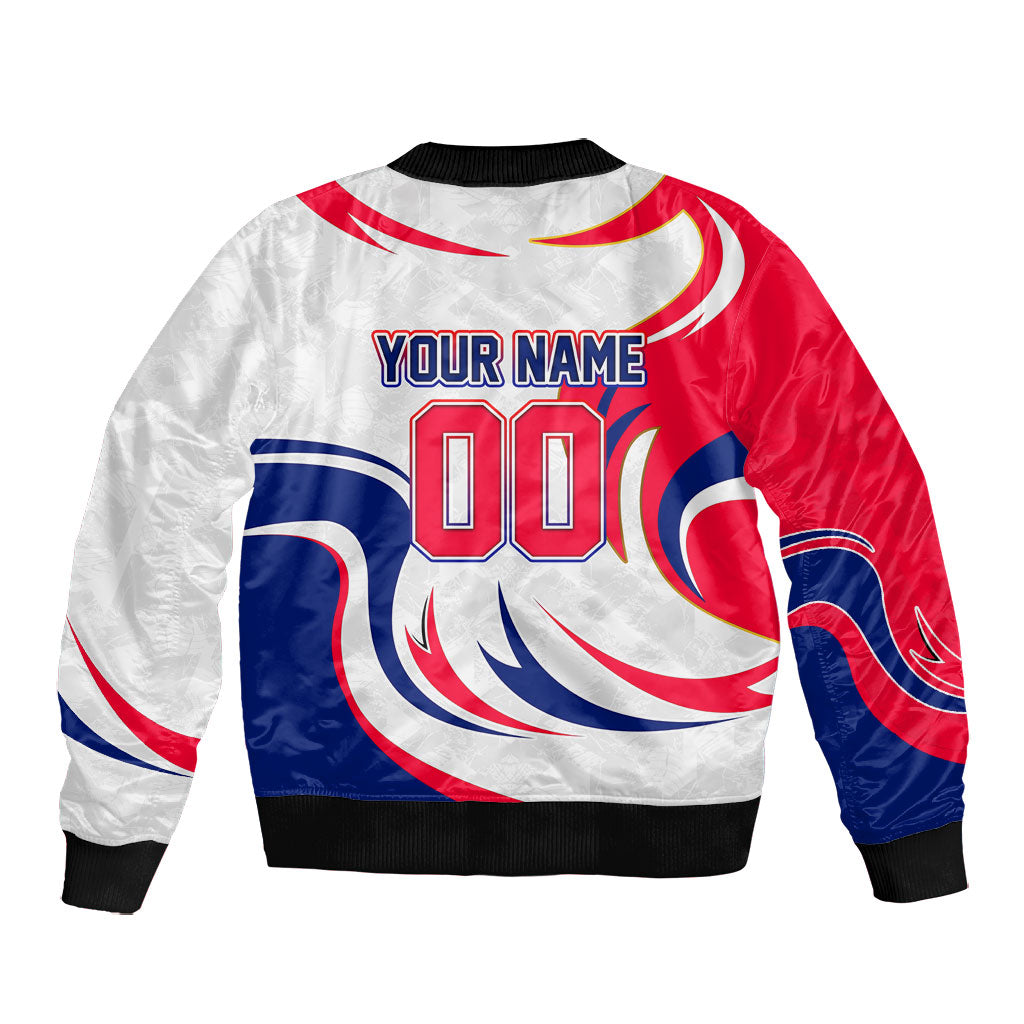 Personalized Haiti Football Champions Bomber Jacket Roaring Lion Soccer Mascot With Haiti Trophy Flag