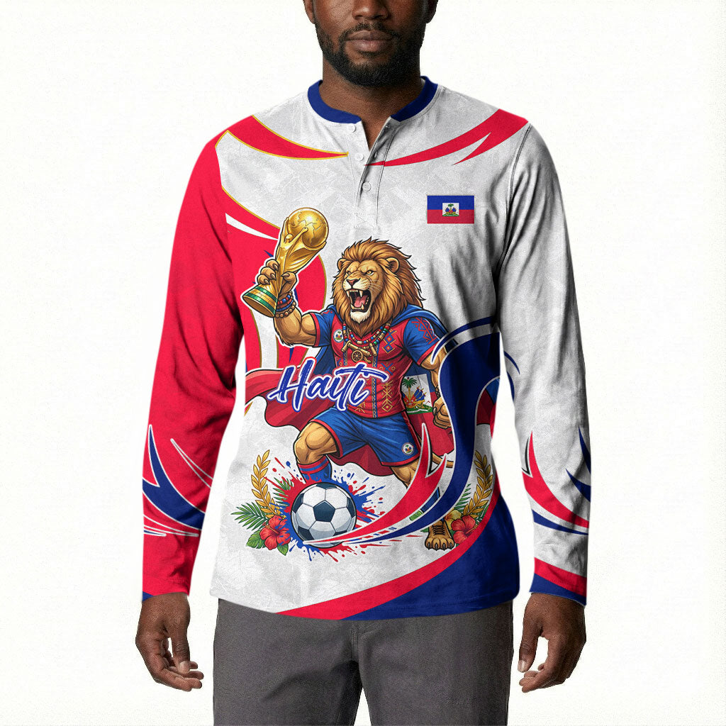 Personalized Haiti Football Champions Button Sweatshirt Roaring Lion Soccer Mascot With Haiti Trophy Flag