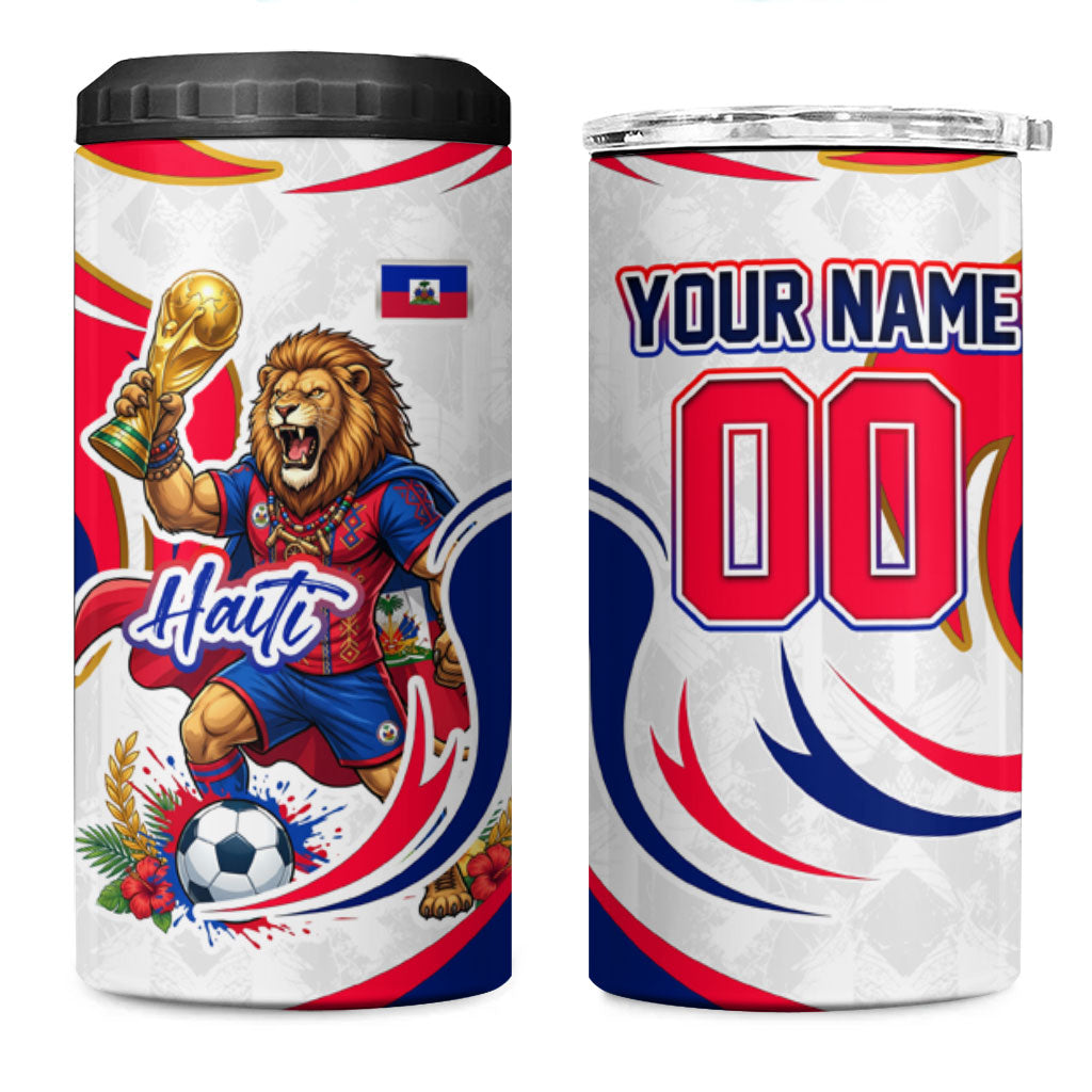 Personalized Haiti Football Champions 4 in 1 Can Cooler Tumbler Roaring Lion Soccer Mascot With Haiti Trophy Flag