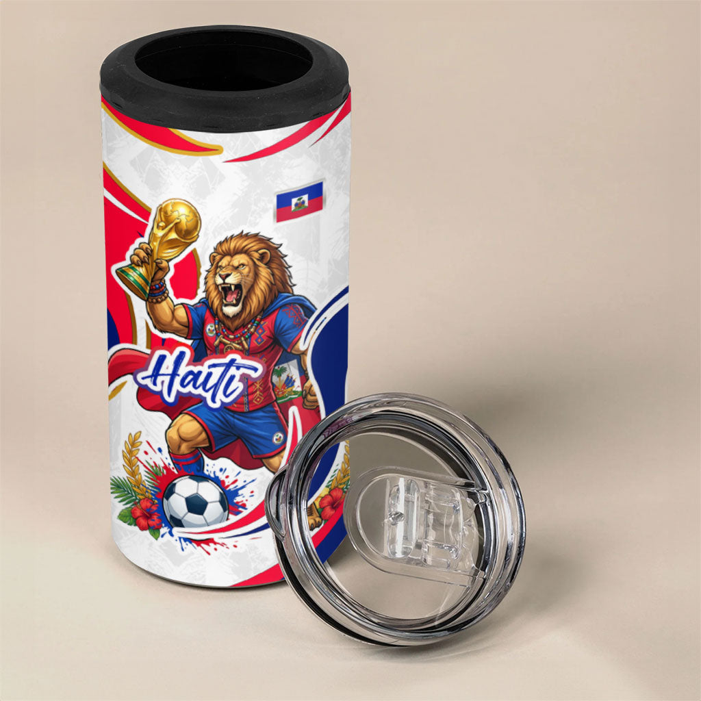 Personalized Haiti Football Champions 4 in 1 Can Cooler Tumbler Roaring Lion Soccer Mascot With Haiti Trophy Flag