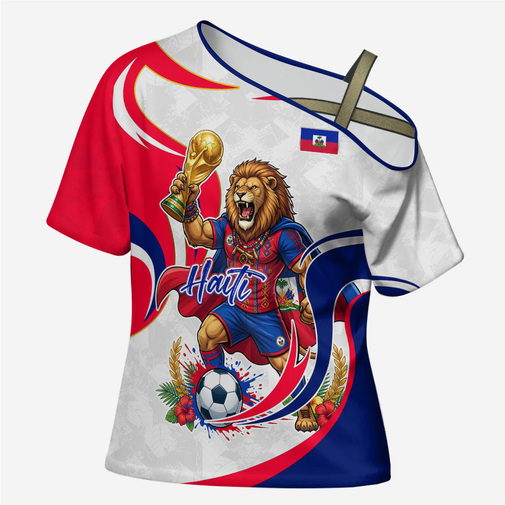 Personalized Haiti Football Champions Cross Shoulder Shirt Roaring Lion Soccer Mascot With Haiti Trophy Flag