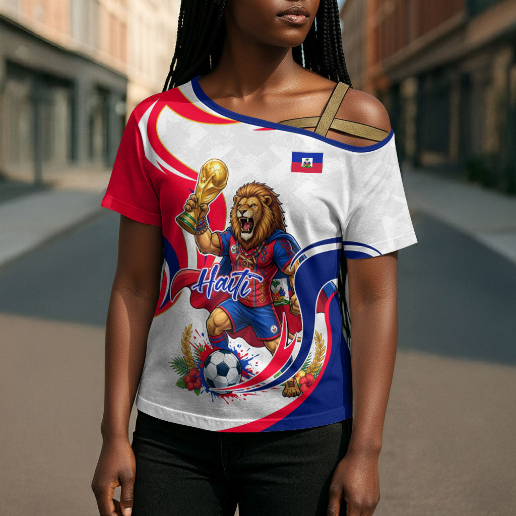 Personalized Haiti Football Champions Cross Shoulder Shirt Roaring Lion Soccer Mascot With Haiti Trophy Flag