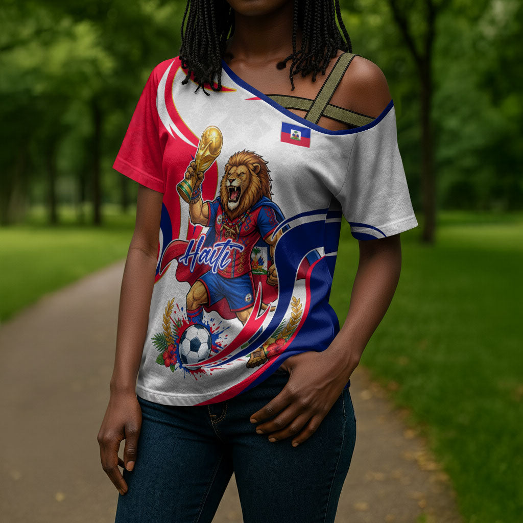 Personalized Haiti Football Champions Cross Shoulder Shirt Roaring Lion Soccer Mascot With Haiti Trophy Flag