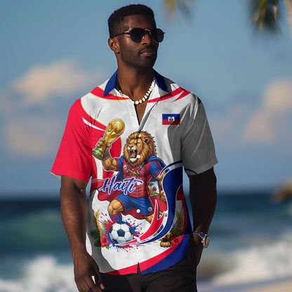 Personalized Haiti Football Champions Hawaiian Shirt Roaring Lion Soccer Mascot With Haiti Trophy Flag