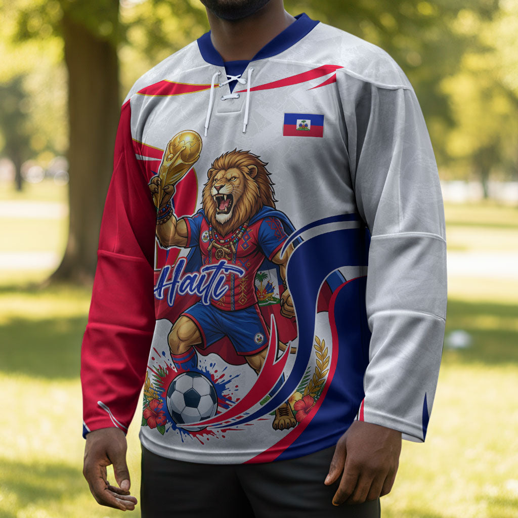 Personalized Haiti Football Champions Hockey Jersey Roaring Lion Soccer Mascot With Haiti Trophy Flag