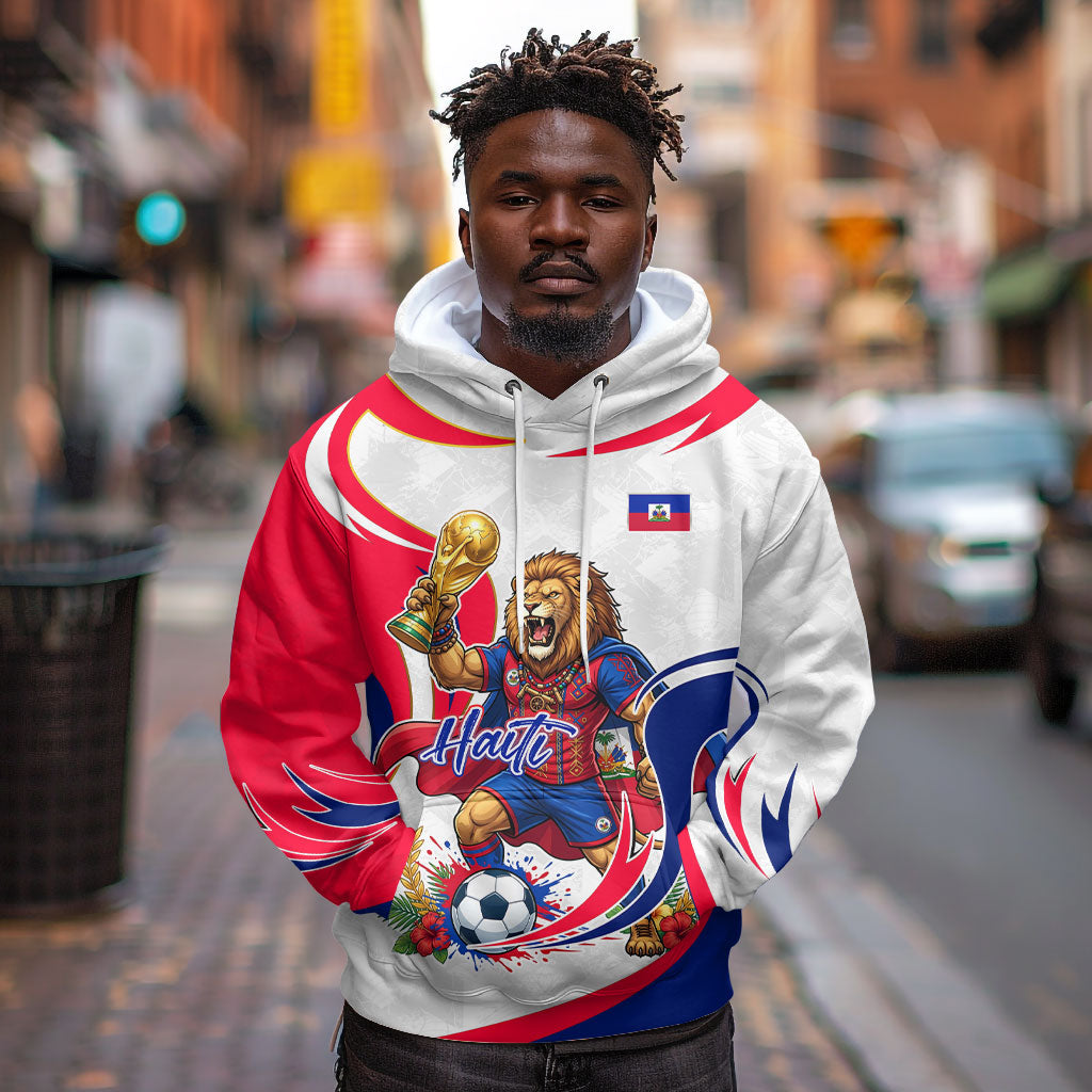 Personalized Haiti Football Champions Hoodie Roaring Lion Soccer Mascot With Haiti Trophy Flag