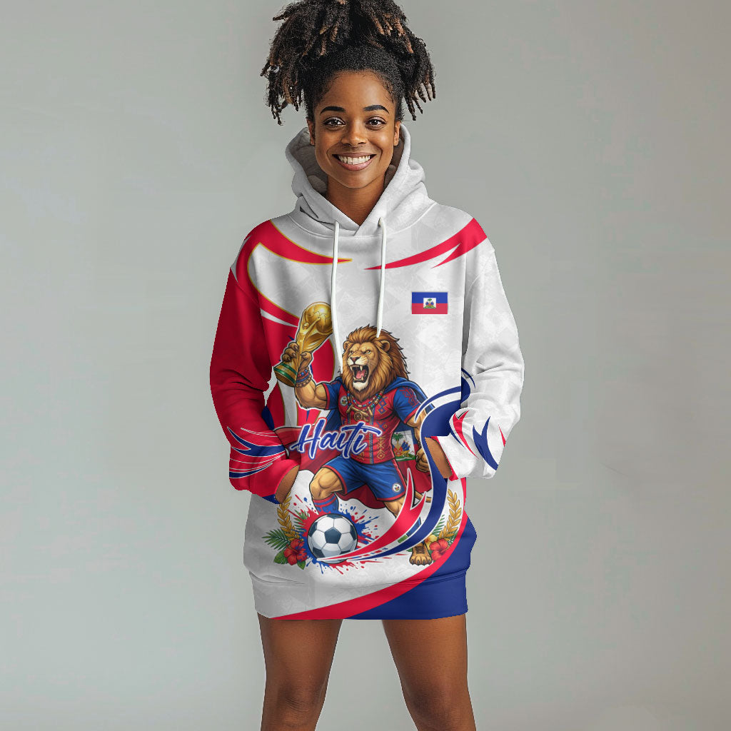 Personalized Haiti Football Champions Hoodie Dress Roaring Lion Soccer Mascot With Haiti Trophy Flag