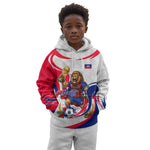Personalized Haiti Football Champions Kid Hoodie Roaring Lion Soccer Mascot With Haiti Trophy Flag