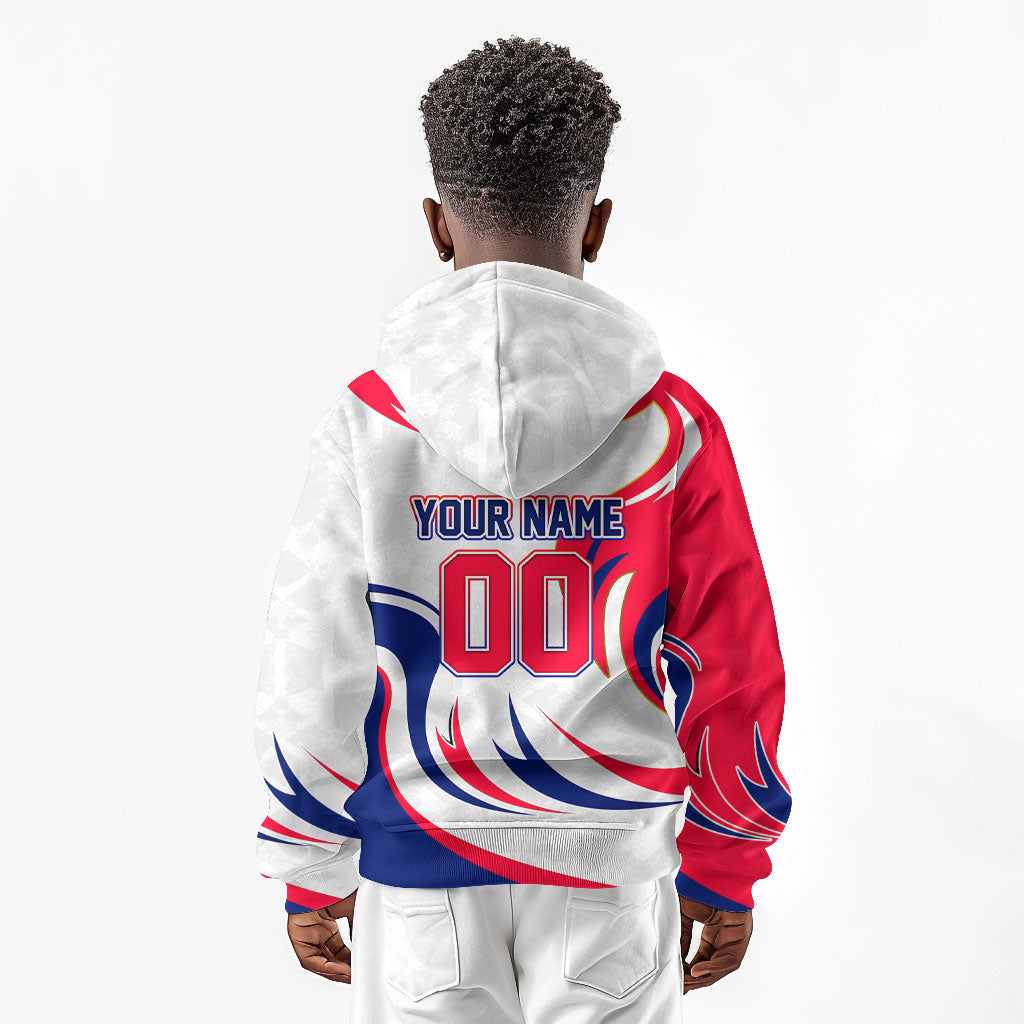 Personalized Haiti Football Champions Kid Hoodie Roaring Lion Soccer Mascot With Haiti Trophy Flag