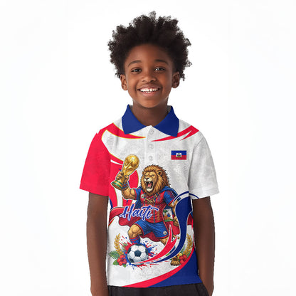 Personalized Haiti Football Champions Kid Polo Shirt Roaring Lion Soccer Mascot With Haiti Trophy Flag
