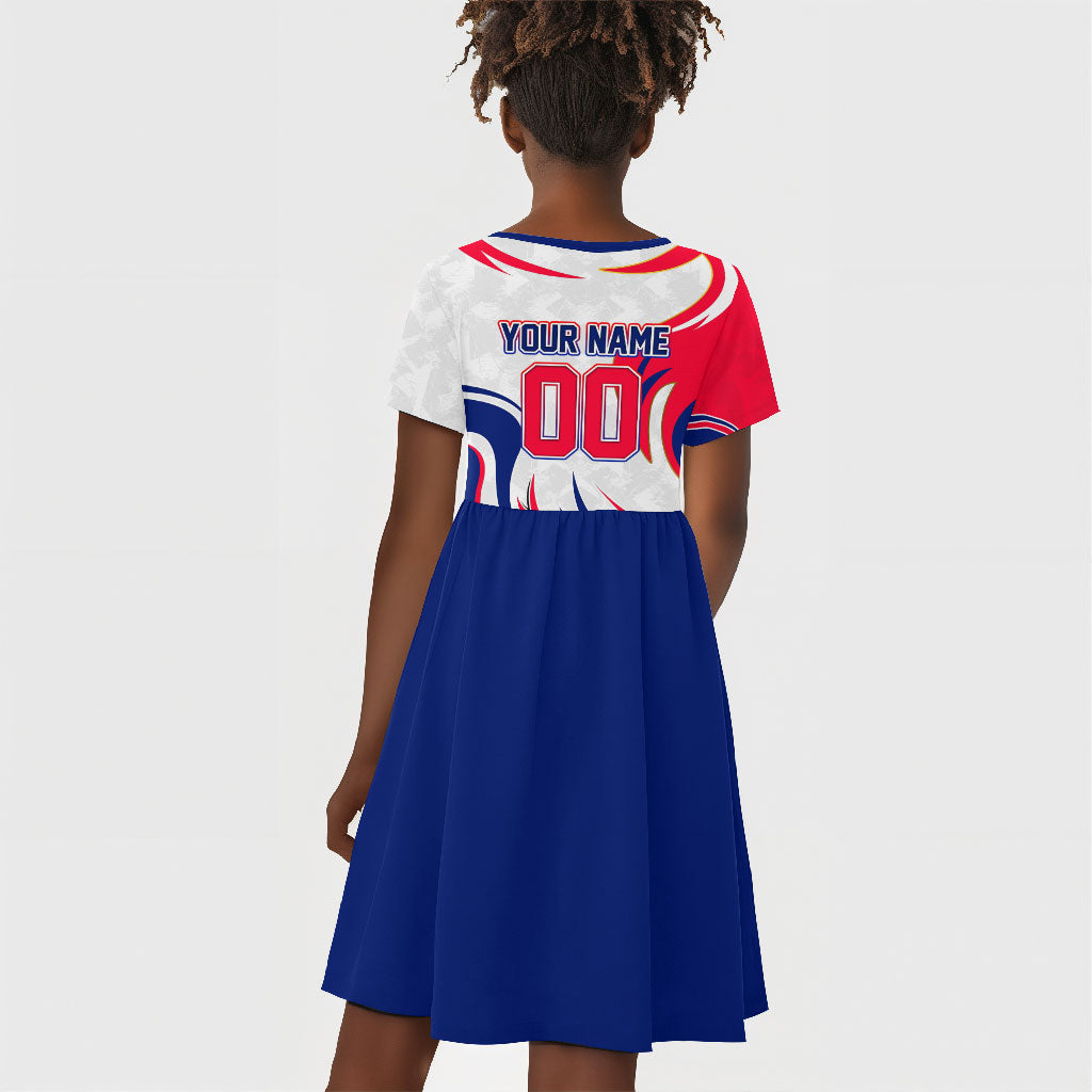 Personalized Haiti Football Champions Kid Short Sleeve Dress Roaring Lion Soccer Mascot With Haiti Trophy Flag