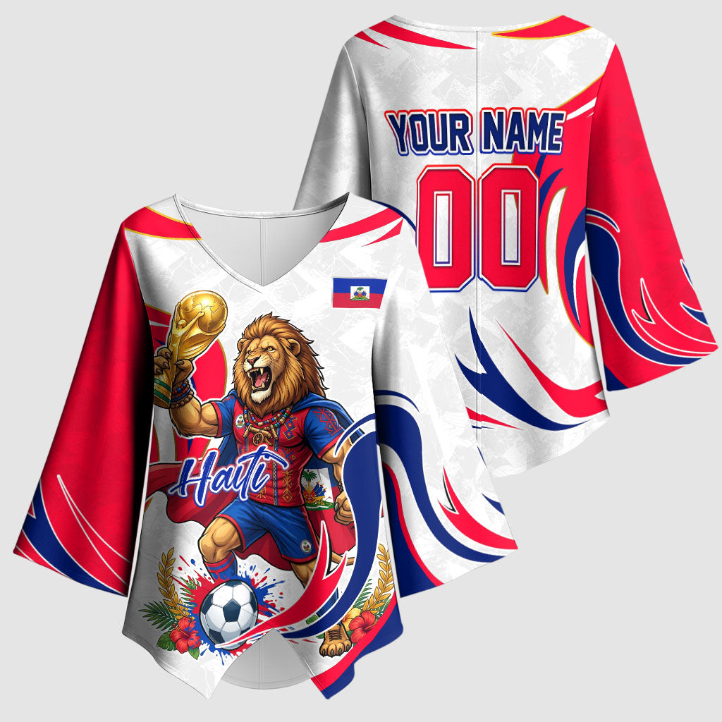 Personalized Haiti Football Champions Kimono Sleeve Blouse Roaring Lion Soccer Mascot With Haiti Trophy Flag