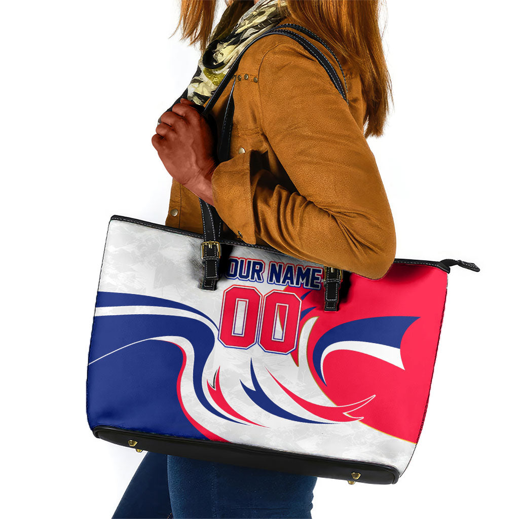 Personalized Haiti Football Champions Leather Tote Bag Roaring Lion Soccer Mascot With Haiti Trophy Flag