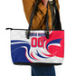 Personalized Haiti Football Champions Leather Tote Bag Roaring Lion Soccer Mascot With Haiti Trophy Flag