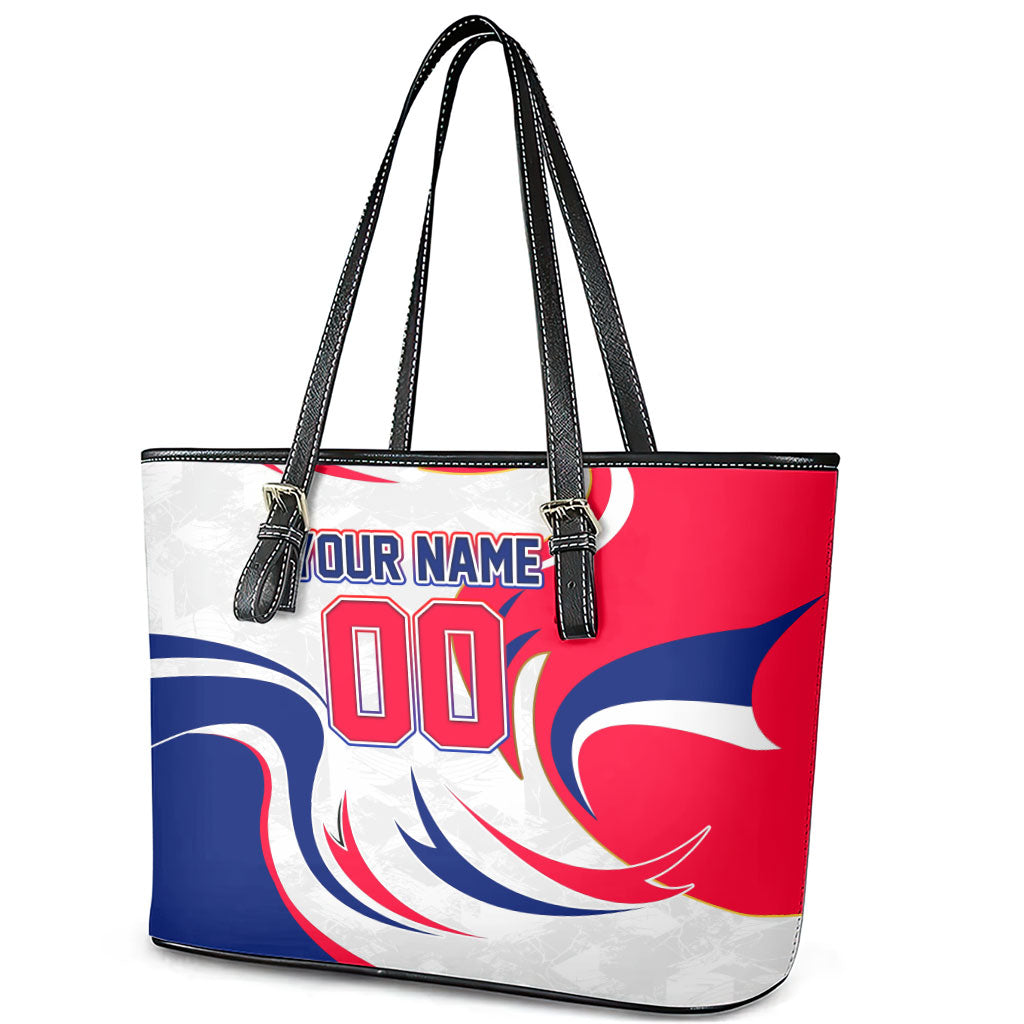 Personalized Haiti Football Champions Leather Tote Bag Roaring Lion Soccer Mascot With Haiti Trophy Flag