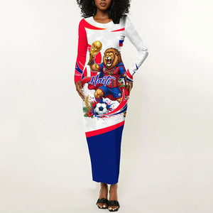 Personalized Haiti Football Champions Long Sleeve Bodycon Dress Roaring Lion Soccer Mascot With Haiti Trophy Flag