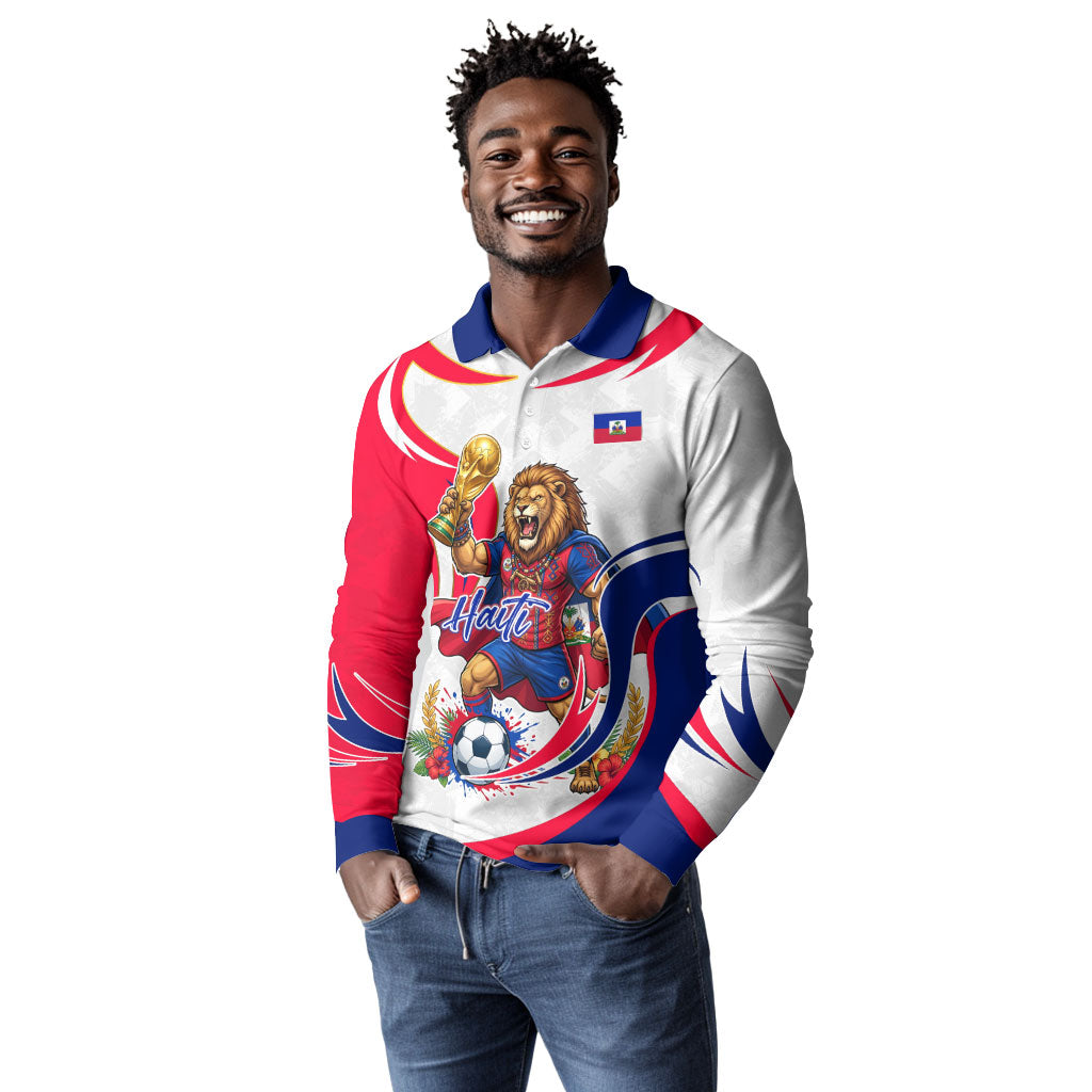 Personalized Haiti Football Champions Long Sleeve Polo Shirt Roaring Lion Soccer Mascot With Haiti Trophy Flag
