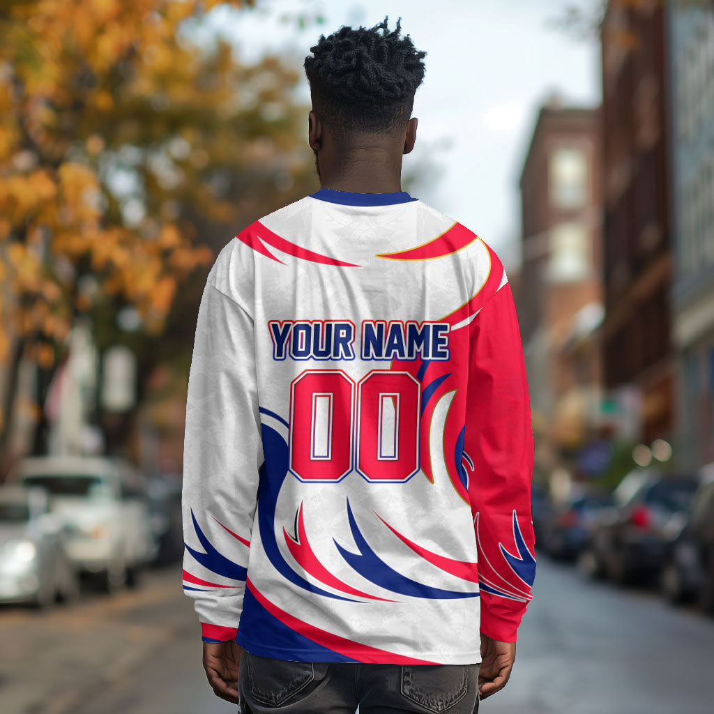 Personalized Haiti Football Champions Long Sleeve Shirt Roaring Lion Soccer Mascot With Haiti Trophy Flag
