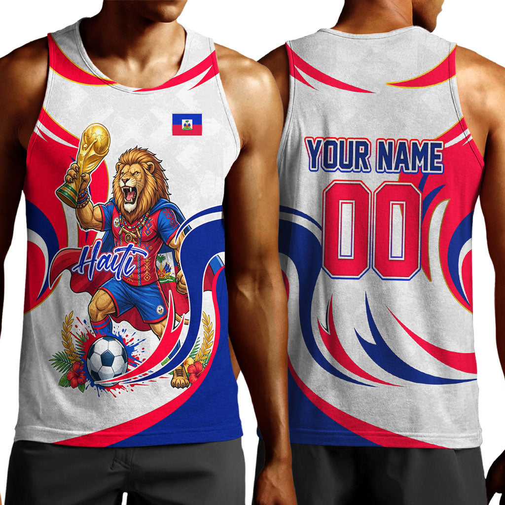 Personalized Haiti Football Champions Men Tank Top Roaring Lion Soccer Mascot With Haiti Trophy Flag