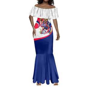 Personalized Haiti Football Champions Mermaid Dress Roaring Lion Soccer Mascot With Haiti Trophy Flag